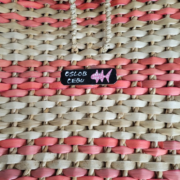 Oslob Cebu Woven Straw Backpack Purse with Braid Handles Pink Tan Stripe Cute - Picture 2 of 10